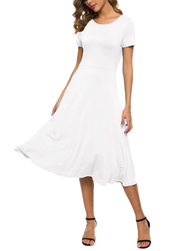 EXCHIC Women's Short Sleeve Round Neck Waisted Slim Summer Midi Dress (L, White) - Image 1
